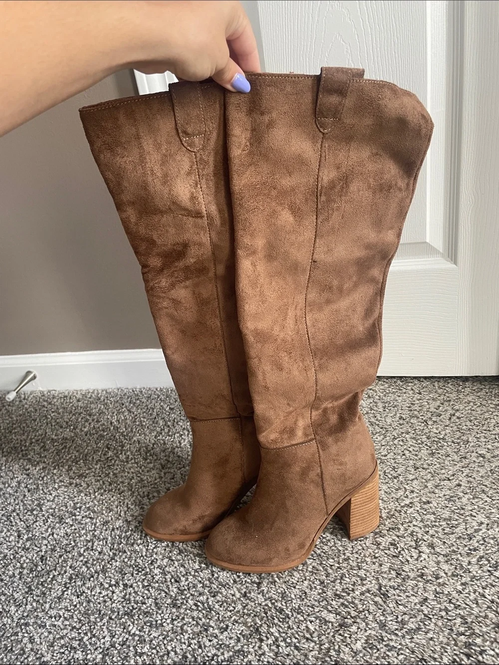 Brown Suede Knee-High Block Heel Boots - Women